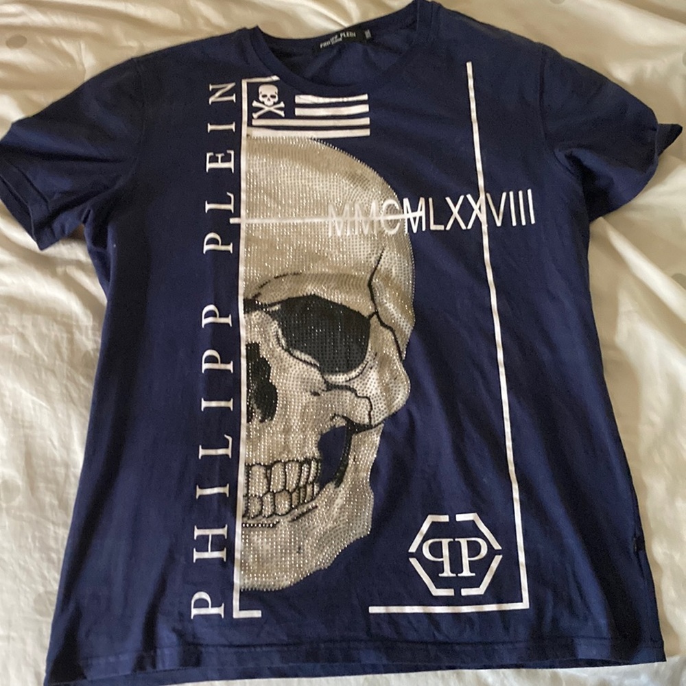 Philipp Plein Navy Blue Short Sleeve Skull Tee with Silver Rhinestones